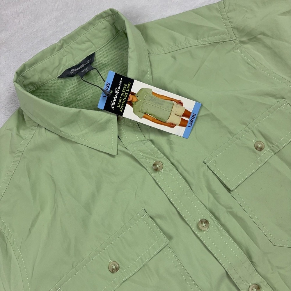 Eddie Bauer Short Sleeve Adventure Shirt Womens L Quiet Green Moisture Wicking